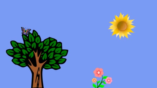 Idylla Natura Drzewa Słońca Motyla Kwiatów Rosnący Znak Recyklingu — Wideo stockowe