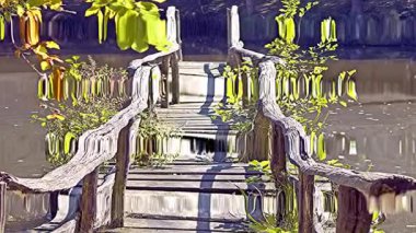 Yumuşak sonbahar ışığında sallanan eski ahşap köprü