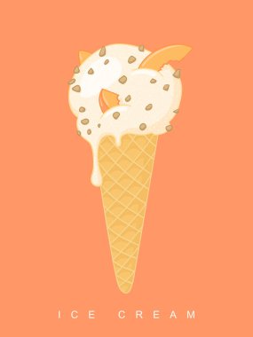 Cute ice cream poster. Vector vanilla-apricot ice cream in a cone on orange background. Beautiful sign or poster for ice cream shop.