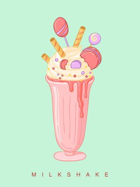 Cute milkshake poster. Vector sweet cold drink on mint background. Great for sign, poster of dessert menu.