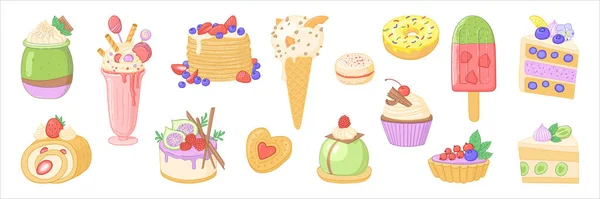 おいしいお菓子やデザートのベクトルセット 甘い食べ物のイラストセット ペストリーショップ カフェ デザートメニューのデザイン要素 — ストックベクタ