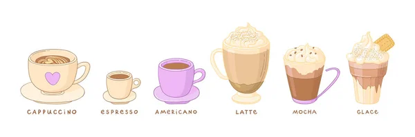 Set Different Vector Illustrations Coffee Beautiful Mugs Different Types Coffee — Vetor de Stock