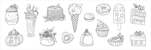 スケッチスタイルでおいしいお菓子やデザートの黒と白のセット ベクトル甘い食べ物のイラストセット ペストリーショップ カフェ デザートメニューのデザイン要素 — ストックベクタ