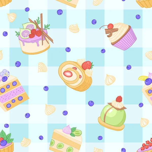 Cake Seamless Pattern Sweet Dessert Vector Background Cute Dessert Illustration — 스톡 벡터