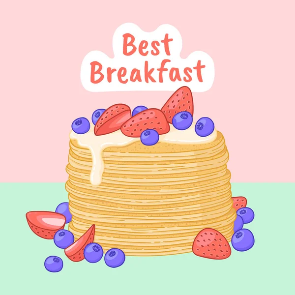 Pancake Breakfast Vector Illustration Breakfast Meal Poster Pancakes Blueberry Strawberry — Vetor de Stock