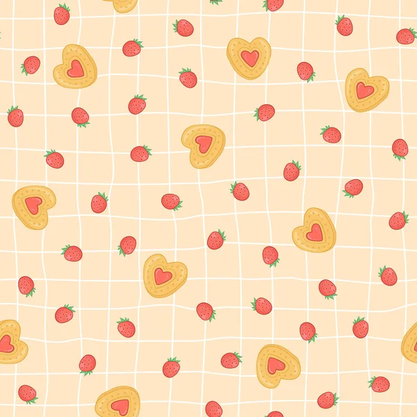 Heart Shaped Strawberry Cookies Seamless Pattern Sweet Dessert Vector Background — Vetor de Stock