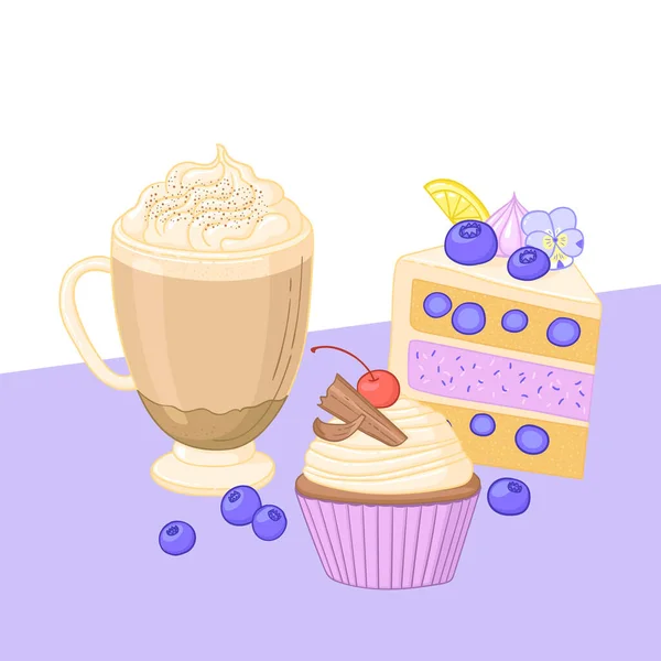 Coffee Dessert Illustration Mug Latte Vanilla Blueberry Cake Chocolate Muffin — 스톡 벡터