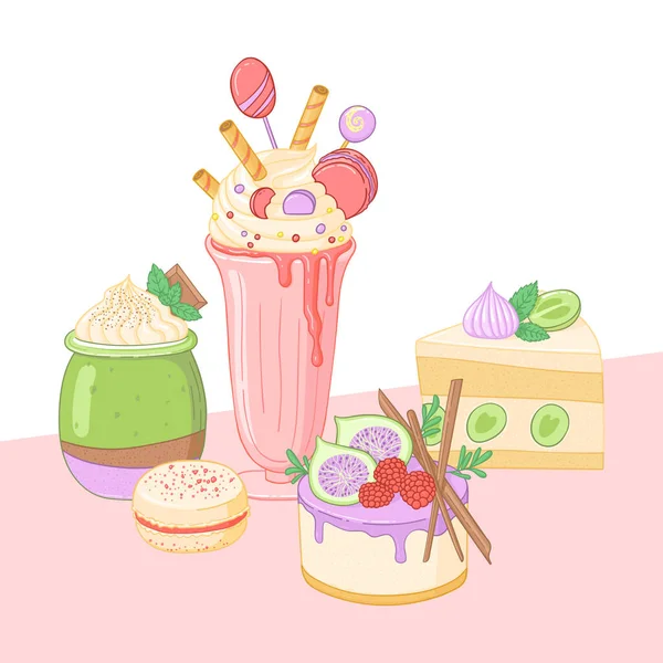 Εικονογράφηση Διάνυσμα Γλυκό Επιδόρπιο Και Milkshake Γλυκό Μους Κέικ Μακαρόν — Διανυσματικό Αρχείο