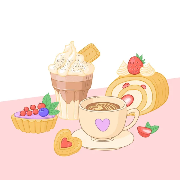 Illustrazione Caffè Dessert Glace Cappuccino Con Involtino Fragole Cesto Con — Vettoriale Stock