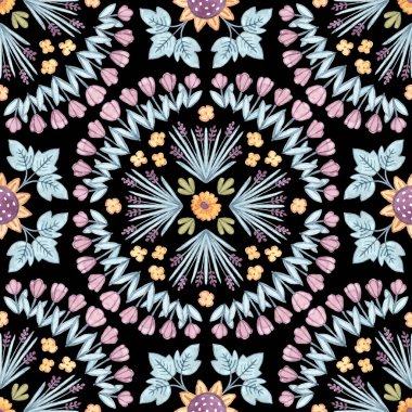 Çiçeklerle birlikte dikişsiz suluboya desen. Siyah bir daire şeklinde dizilmiş. Bohem çiçekli el izi..