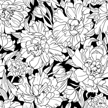 Elle çizilmiş kusursuz desenli siyah beyaz laleler. Güzel çiçek deseni.