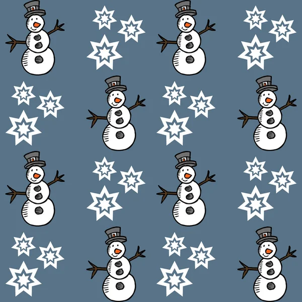 Seamless Christmas Pattern Cute Snowman White Snowflakes Decoration Blue Backgroundseamless — Stock Photo, Image