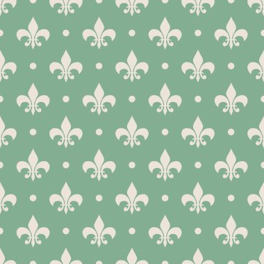 Fleur De Lis ve eşkenar dörtgen şekilli yeşil arkaplandaki gümüş rengi noktalarla kusursuz bir desen.
