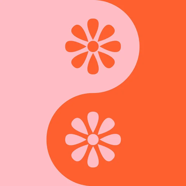 Abstrakt Retro Stil Yin Yang Design Med Oransje Rosa Blomster – stockfoto