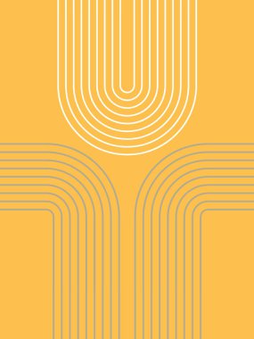 Sarı arkaplanda beyaz ve gri kemer desenli soyut Orta Çağ çizgisi çizimi