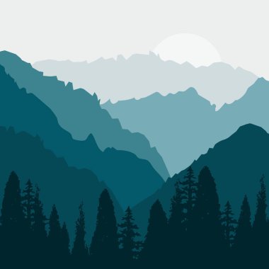 Abstract illustration of colorful mountain sunrise with sun  and forest decoration in shades of blue and turquoise