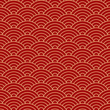 Abstract illustration of Japanese seamless Seigaiha waves pattern in red and gold