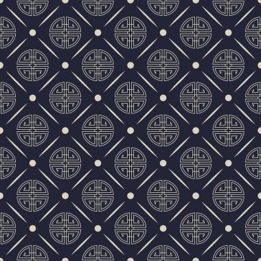 Seamless elegant pattern with Chinese symbols, dots and rhombus decoration in silver color on dark blue (indigo) background