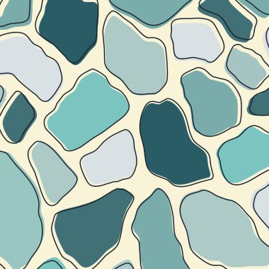 Abstract pebble pattern with irregular shapes in shades of blue and dark silhouettes on pastel background
