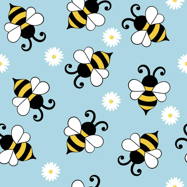 Naadloos Patroon Met Schattige Kleine Vliegende Bijen Witte Madeliefjes Bloemen — Stockfoto