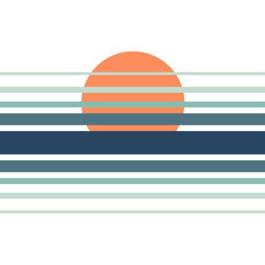 Mavi ve beyaz yatay çizgili deniz kenarındaki geometrik günbatımının soyut çizimi ve beyaz arkaplanda turuncu güneş süslemesi