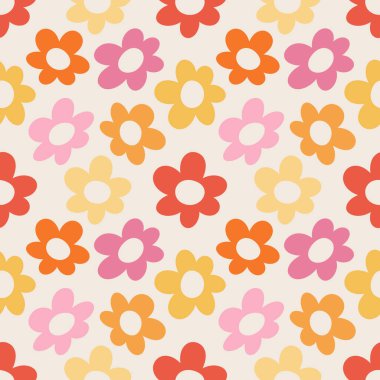 Kusursuz desenli retro tarzı pembe, sarı, kırmızı ve turuncu çiçekli bej arkaplan süslemesi.