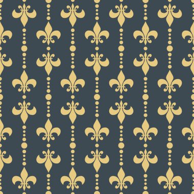 Fleur De Lis ile kusursuz bir desen ve koyu mavi arka planda altın rengi noktalar ve dekorasyon.