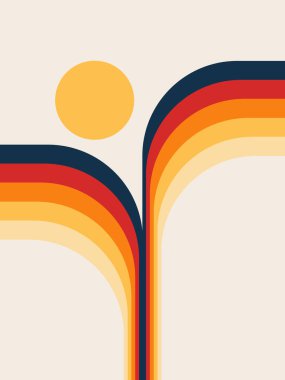 Koyu mavi, kırmızı, turuncu, bej ve sarı dağ katmanları ile soyut renkli manzara çizimi ve pastel arka planda güneş süslemesi