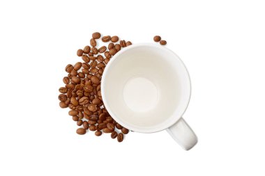 Top view. a blank cup of coffee near coffee beans is isolated on white background. Clipping path