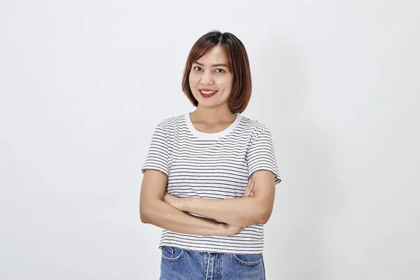 Mujer Asiática Atractiva Una Camiseta Casual Pantalones Vaqueros Azules Con —  Fotos de Stock