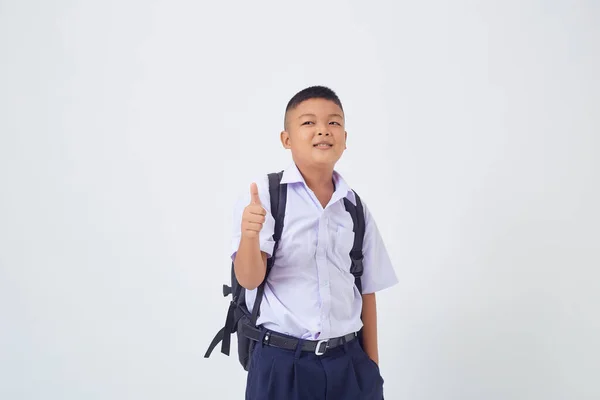 Menino Bonito Asiático Jovem Uniforme Escolar Tailandês Com Uma Mochila — Fotografia de Stock