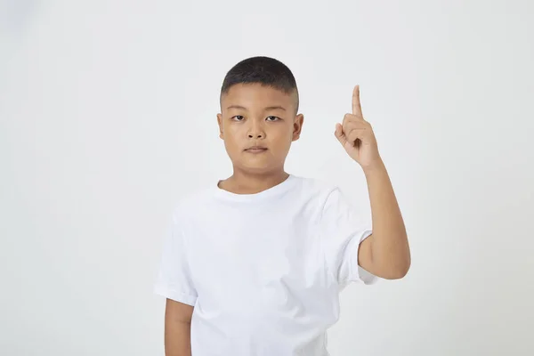 Χαριτωμένο Χαμογελαστό Ασιατικό Αγόρι Ένα Απλό Λευκό Shirt Κοιτάζοντας Την — Φωτογραφία Αρχείου