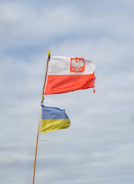 폴란드 국기와 우크라이나 구름낀 하늘에서 바람에 흔들리는 우크라 — 스톡 사진
