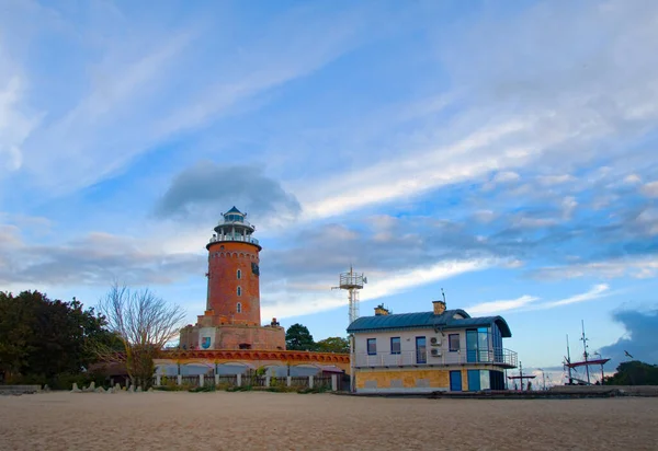 Lighthouse Tower Kolobrzeg City Park Baltic Sea Coast Poland Sunset — Fotografia de Stock