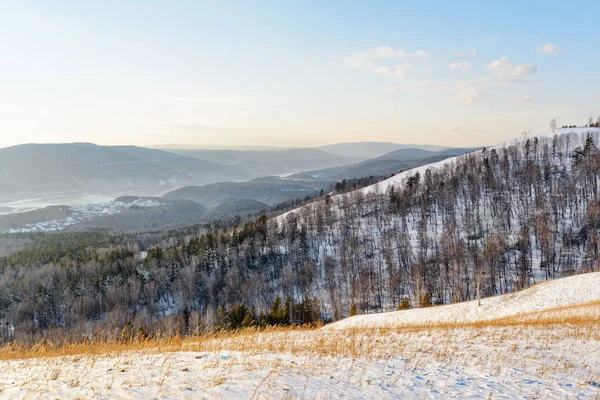 Tolle Winterlandschaft Erstaunliche Aussicht Auf Malerische Bewaldete Berge Mit Schnee Stockbild