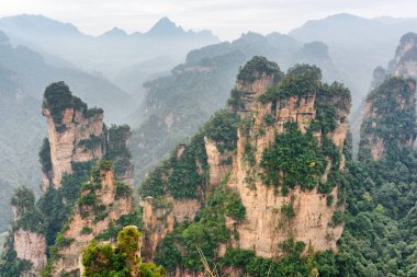 Çin 'in Hunan Eyaleti' ndeki Zhangjiajie Ulusal Orman Parkı 'ndaki Tianzi Dağları' nın (Avatar Dağları) doğal kuvars sütunlarının muhteşem manzarası. Muhteşem bir manzara..