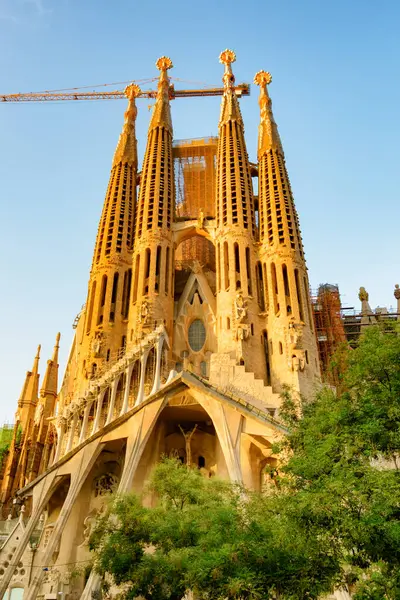 Barcelona, İspanya - 22 Ağustos 2014: Basilica de la Sagrada Familia 'nın muhteşem manzarası. Sagrada Familia, Antoni Gaudi tarafından tasarlanmıştır. Kilise, UNESCO 'nun Dünya Mirası Alanının bir parçası.