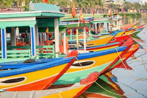Wonderful View Colorful Traditional Wooden Vietnamese Tourist Boats Parked Thu Stock Photo