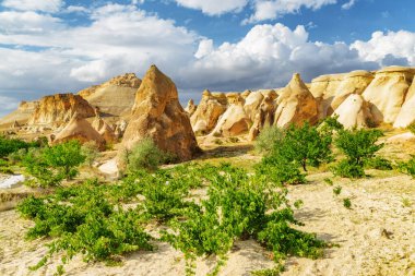 Türkiye 'nin Kapadokya kentindeki Pasabag Vadisi' ndeki kaya oluşumlarının muhteşem manzarası. Goreme Tarihi Ulusal Parkı 'nın muhteşem manzarası. Kapadokya Türkiye 'nin popüler bir turizm beldesi.