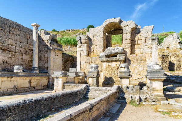 Scenic ruins of the nymphaeum (nymphaion) in Perge (Perga) at Antalya Province, Turkey. Awesome view of the ancient Greek city. Perge is a popular tourist destination in Turkey.
