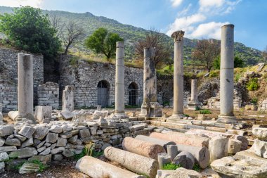 İzmir 'in Selcuk ilçesindeki Efes (Efes) Efesindeki agora kalıntıları. Antik Yunan şehrinin muhteşem manzarası. Efes Türkiye 'de popüler bir turizm beldesi.