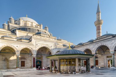 Türkiye 'nin İstanbul kentindeki Bayezid 2 Camii' nin avlusundaki abdest çeşmesinin muhteşem manzarası. Cami, dünyadaki hacılar ve turistler arasında popüler bir yerdir..