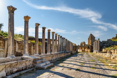 Antalya ilinin Perge ilçesinde sahne sütunları (Perga). Antik Yunan şehrinin muhteşem manzarası. Perge Türkiye 'de popüler bir turizm beldesi.