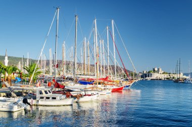Milta Bodrum Marina 'da demirlemiş yatların manzarası. Liman kenti, Türk Rivierası 'nda popüler bir turizm beldesi..