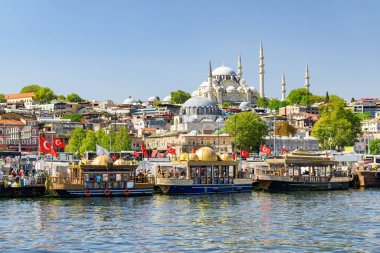 İstanbul silueti, Türkiye. Altın Boynuz 'un karşısındaki Süleyman Camii' nin muhteşem manzarası. İstanbul dünyanın popüler bir turizm beldesi.