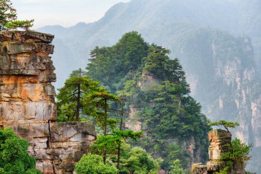 Çin 'in Hunan Eyaleti' ndeki Zhangjiajie Ulusal Orman Parkı 'ndaki Tianzi Dağları' nın (Avatar Dağları) doğal kuvars kumtaşı sütunlarının muhteşem manzarası. Muhteşem manzara..