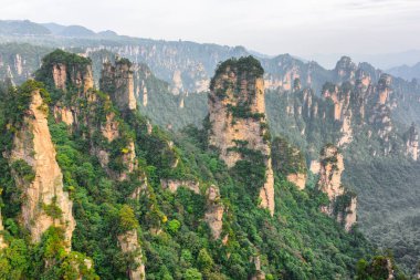 Çin 'in Hunan Eyaleti' ndeki Zhangjiajie Ulusal Orman Parkı 'ndaki Tianzi Dağları' nın (Avatar Dağları) doğal kuvars sütunlarının muhteşem manzarası. Muhteşem bir manzara..