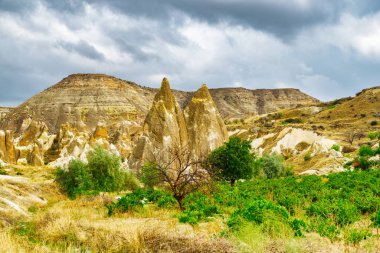 Türkiye 'nin Kapadokya kentindeki Pasabag Vadisi' ndeki kaya oluşumlarının muhteşem manzarası. Goreme Tarihi Ulusal Parkı 'nın muhteşem manzarası. Kapadokya Türkiye 'nin popüler bir turizm beldesi.