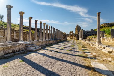 Antalya ilinin Perge ilçesinde sahne sütunları (Perga). Antik Yunan şehrinin muhteşem manzarası. Perge Türkiye 'de popüler bir turizm beldesi.