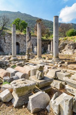 İzmir 'in Selcuk ilçesindeki Efes (Efes) Efesindeki agora kalıntıları. Antik Yunan şehrinin muhteşem manzarası. Efes Türkiye 'de popüler bir turizm beldesi.